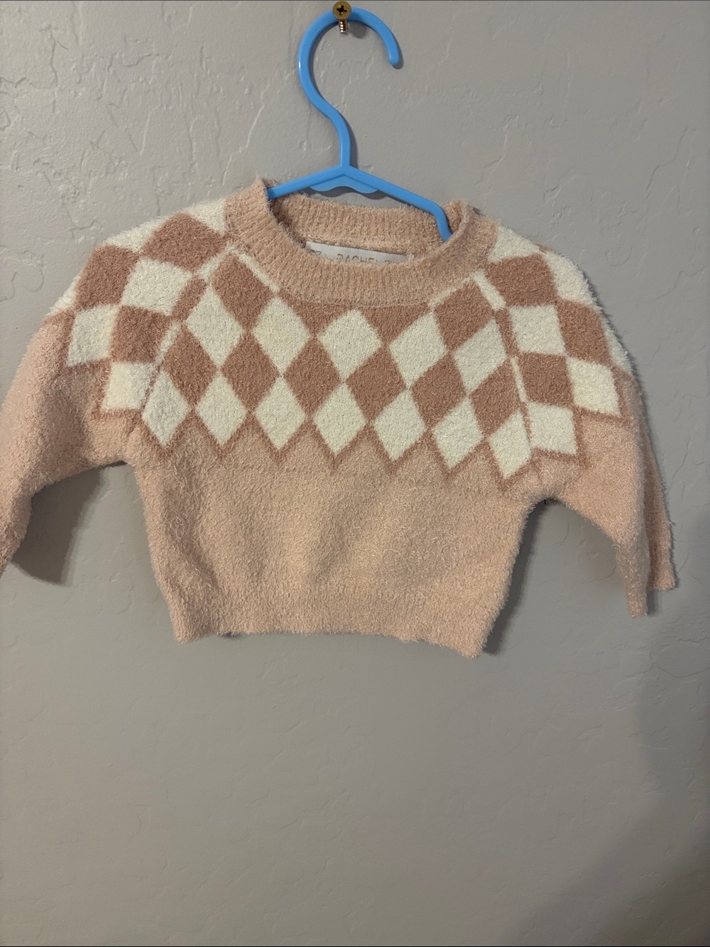 Rachel Zoe Cream and Light Brown Argyle Plush Sweater Top